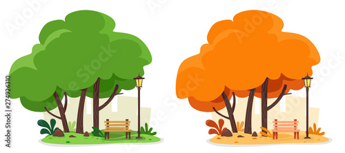 Summer and autumn illustration with a cozy shop and a street lamp for relaxing under the trees. Vector set of two illustrations on whit