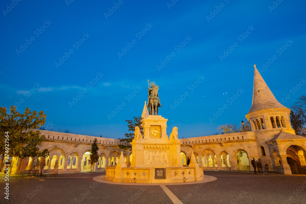 Night view of the Bronze statue of Stephen I of Hungary