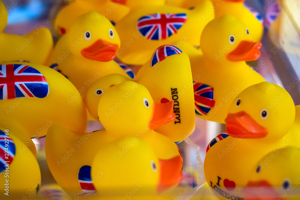 Union Jack yellow rubber ducks on display at a duty free shop in London  Stock Photo | Adobe Stock