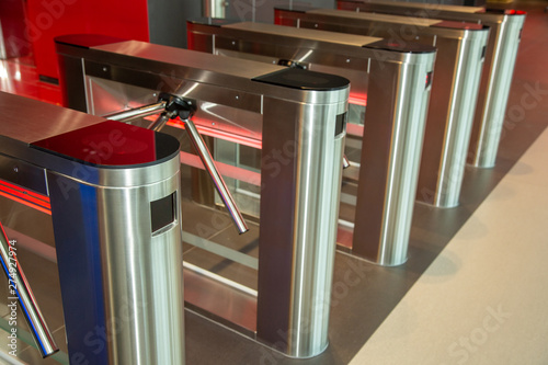 Security office center. Turnstile with card reader. Electronic checkpoint with a turnstile in the office center.
