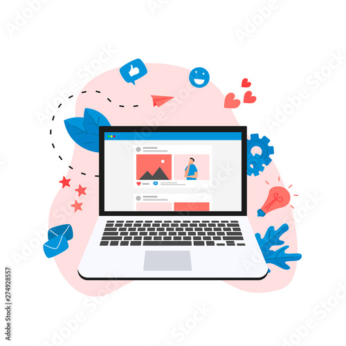 Social media concept with photo content, like and comment. Vector flat illustration	
