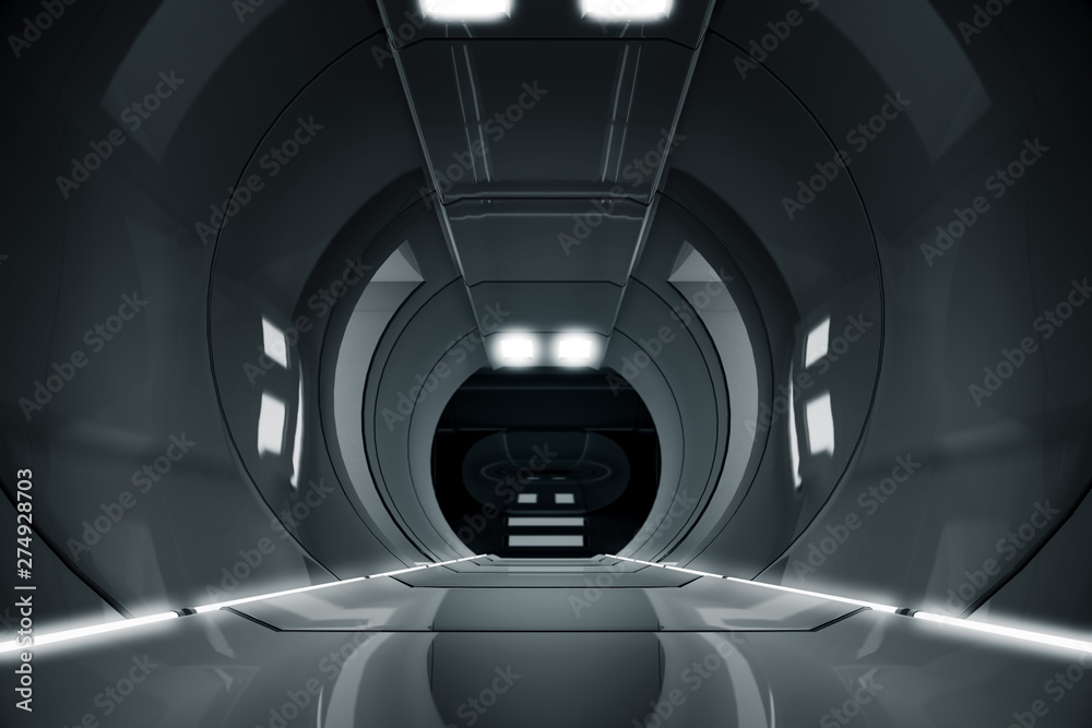 Abstract circle Spaceship corridor. Futuristic tunnel with light. Future interior background, business, sci-fi science concept. 3d rendering Abstract circle Spaceship corridor. Futuristic tunnel with light. Future interior background, business, sci-fi science concept. 3d rendering
