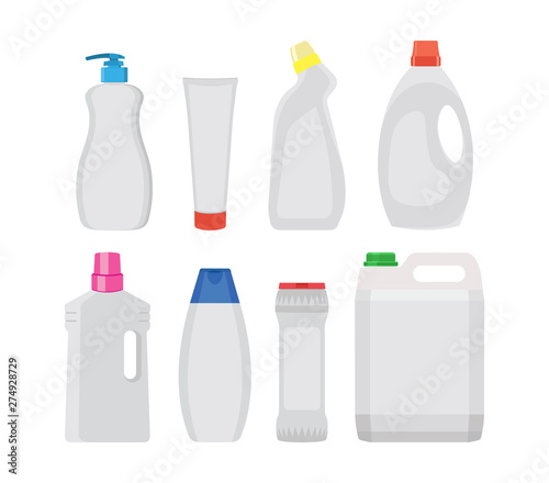 Set of detergent bottles or containers, cleaning supplies, washing powder icon. Vector illustration isolated on white background