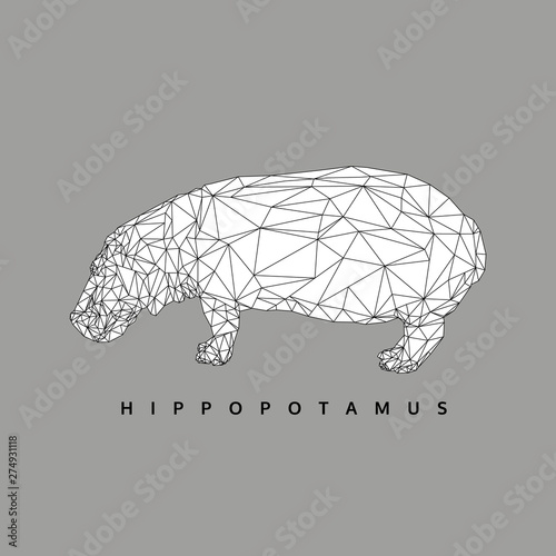 black and white polygonal hippopotamus, polygon abstract geometric animal, hippo vector editable stroke, illustration