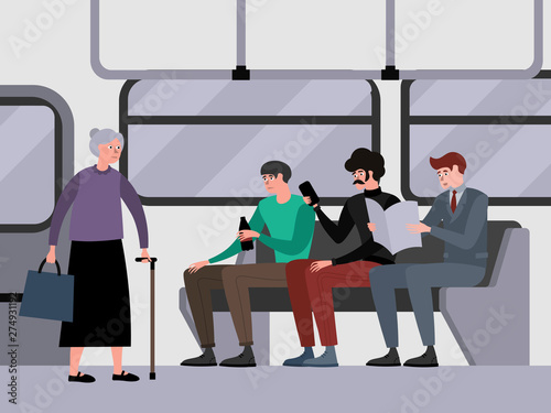 Disrespect to pensioners, grandmother. Young guys do not give way to public transport. Indifference. In minimalist style Cartoon flat Vector
