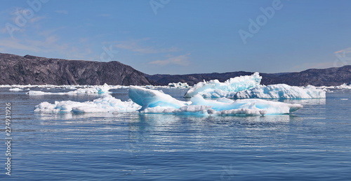 Icebergs in background  landscape Greenland  beautiful Nuuk fjord 
