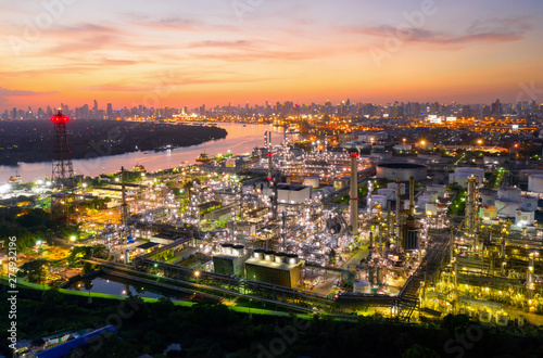 Aerial view of twilight of oil refinery  Shot from drone of Oil refinery and Petrochemical plant at dusk   Bangkok  Thailand