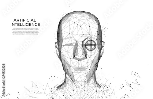 Robot or cyborg man with AI - artificial intelligence. facial recognition.  Biometric scanning, 3D scanning. Face ID.  scan technology.Polygon vector wireframe vector. RPA