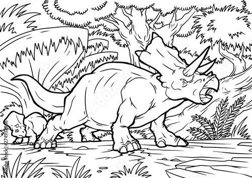Cartoon Vector Illustration of Triceratops Dinosaur Reptile Species in Prehistoric World for Coloring Book and Education