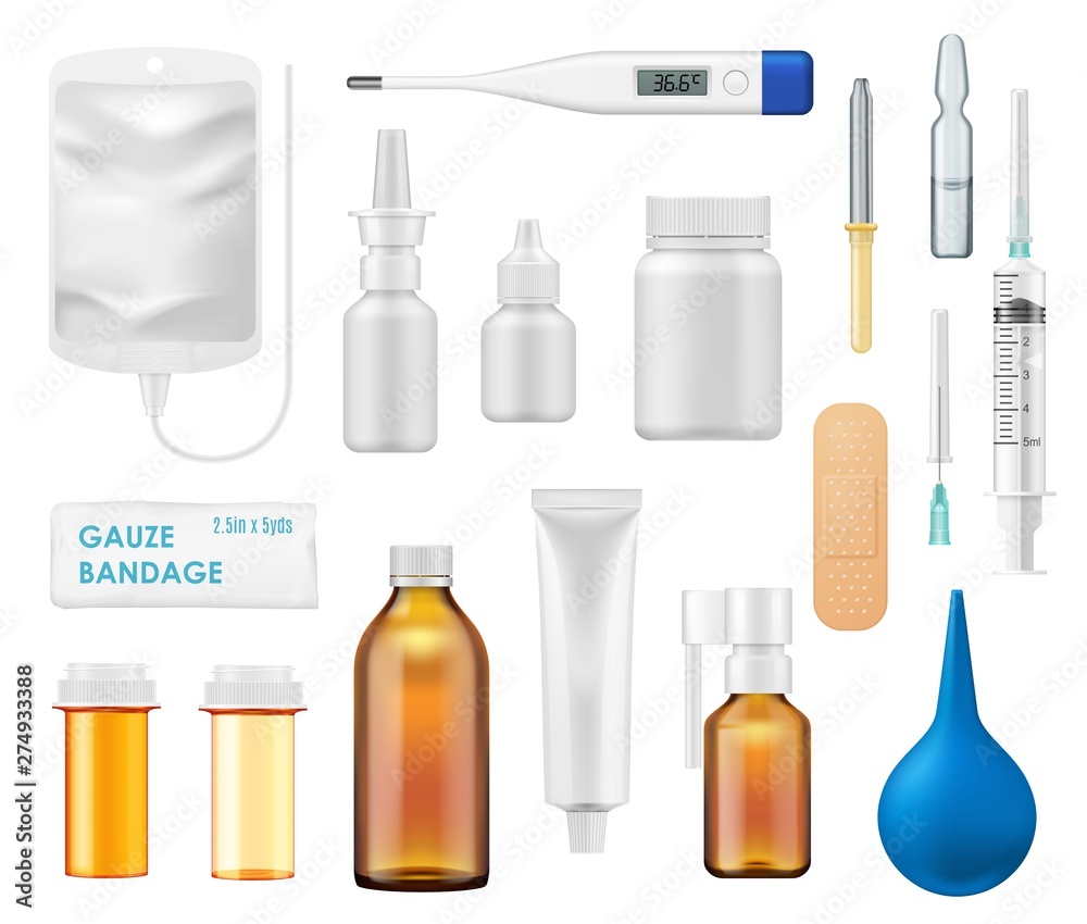 Medicine bottles, spray, glass vials, thermometer