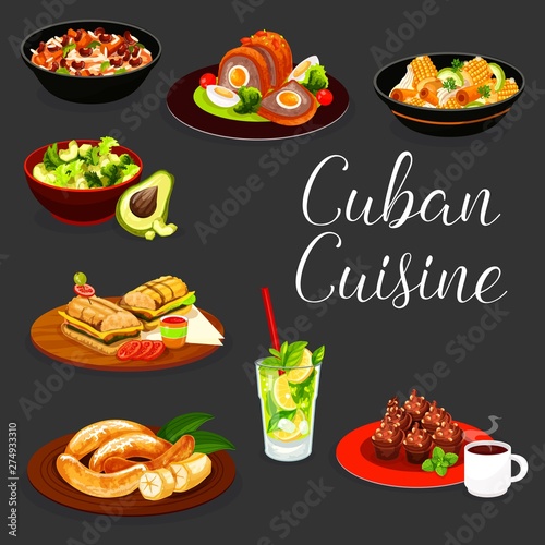 Cuban meat snack, vegetable salads, dessert, drink
