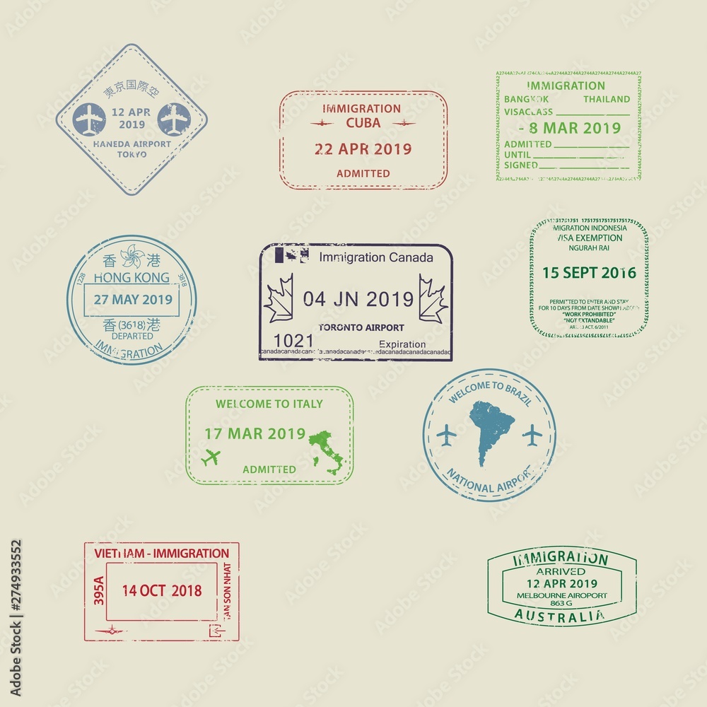 Vektorov Grafika Set Of International Travel Visas Passport Stamp 