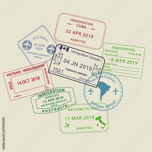 Set of International travel visas passport stamp icons for entering to Australia, Thailand, Brazil, Canada, Cuba, Hong Kong, Indonesia, Vietnam
