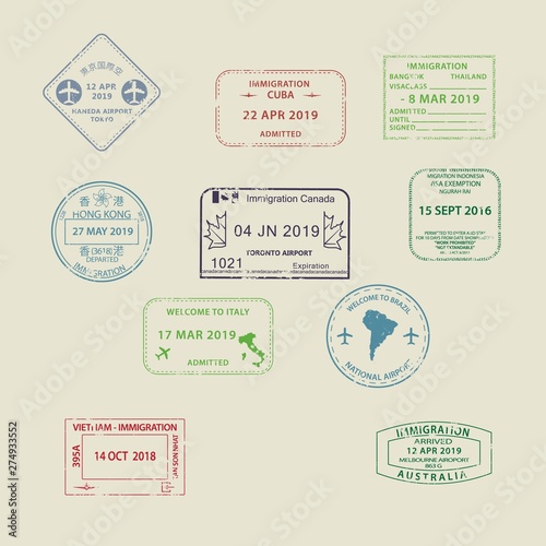 Set of International travel visas passport stamp icons for entering to Australia, Thailand, Brazil, Canada, Cuba, Hong Kong, Indonesia, Vietnam with grunge textured