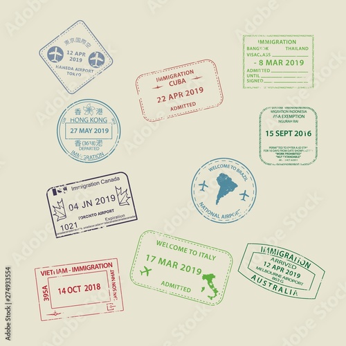 Photography Set of International travel visas passport stamp icons for entering to Australia