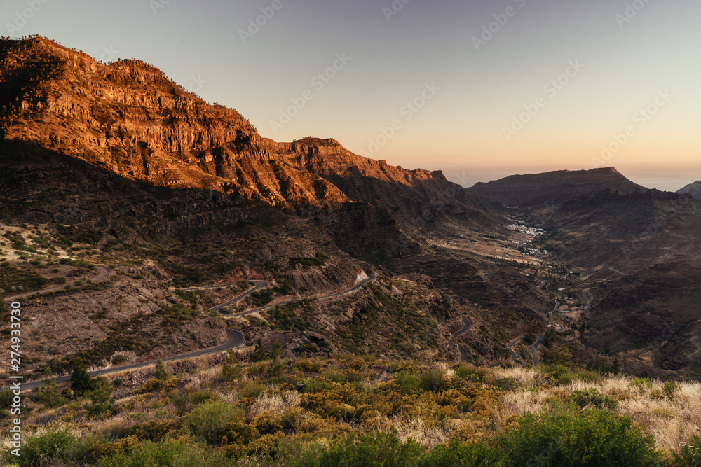 Sun setting over the valley in Gran Canaria, Spain. 