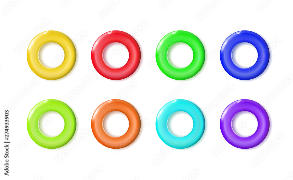 Set glossy multicolor plastic toys ring. Toy bagel or donut colorful for pyramid. Classic circle with a fun design baby element. Cartoon vector illustration isolated on light background, with a shadow Set glossy multicolor plastic toys ring. Toy bagel or donut colorful for pyramid. Classic circle with a fun design baby element. Cartoon vector illustration isolated on light background, with a shadow