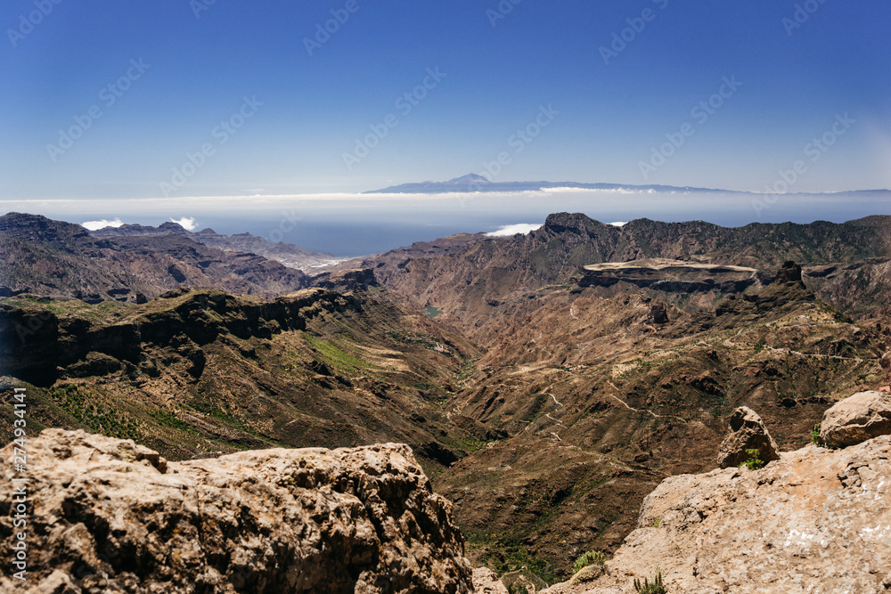 Nature and landscape of the Gran Canaria. Rocky mountains range, valleys. Roque nublo.