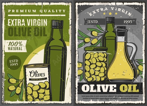 Olive oil bottles, pickled green fruits can or jar