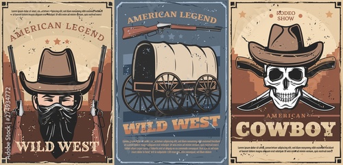 Wild West cowboy, skull, hats, guns and wagon cart