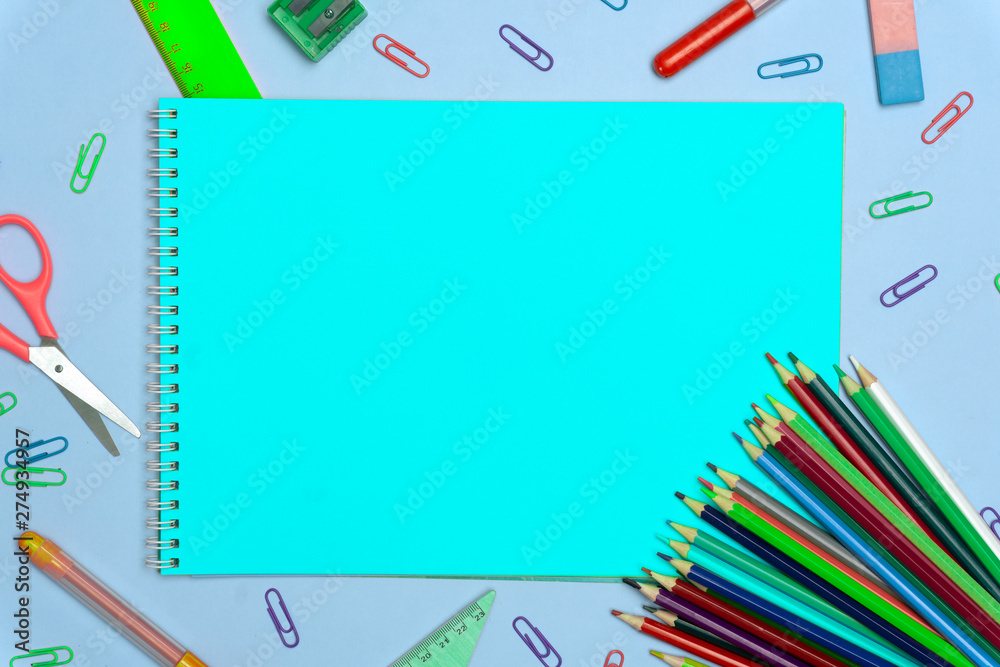 Back to school concept. School supplies on flat lay background. Copy space Back to school concept. School supplies on flat lay background. Copy space