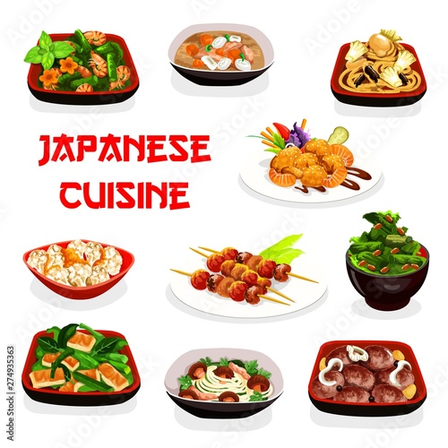 Japanese cuisine fish, seafood and meat dishes