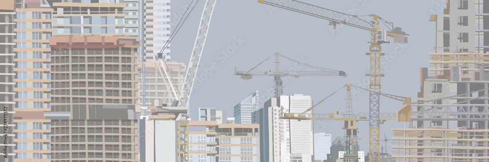 panorama of a city under construction with high buildings and construction cranes panorama of a city under construction with high buildings and construction cranes