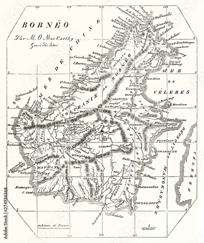Old map of Borneo island on an ancient slightly yellowed paper. By unidentified author publ. on Magasin Pittoresque Paris 1848  photo