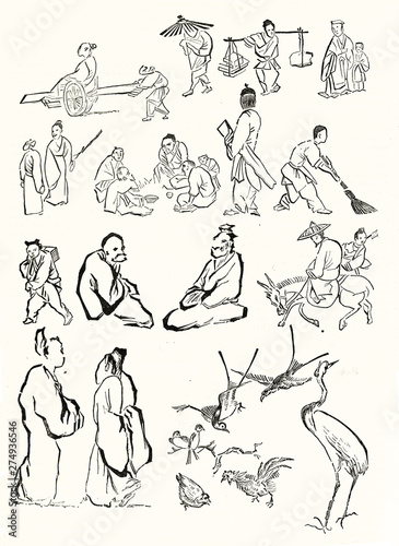 Set of isolated Chinese sketches from ancient painting treatise depicting traditional chinese people and birds with a minimal elegant style and simple outline. Publ. on Magasin Pittoresque Paris 1848