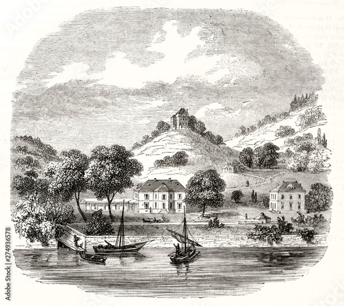 Ancient view of Clarens and Chatelard Castle in background canton of Vaud Switzerland. Little peaceful village with a castle on a hill and a river below. By Freeman, Magasin Pittoresque Paris 1848 photo