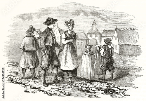 Medieval people dressing traditional clothing in Eger town, Czech Republic. Ancient etching style illustration with blurred borders by unidentified author publ. on Magasin Pittoresque Paris 1848