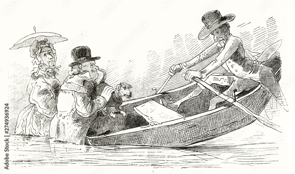 Naklejka premium Heavy man compromises the balance of a boat, making it sinking under water. A lady is seated close to him and a man try to row. Old humorous illustration by Topffer, Magasin Pittoresque Paris 1848