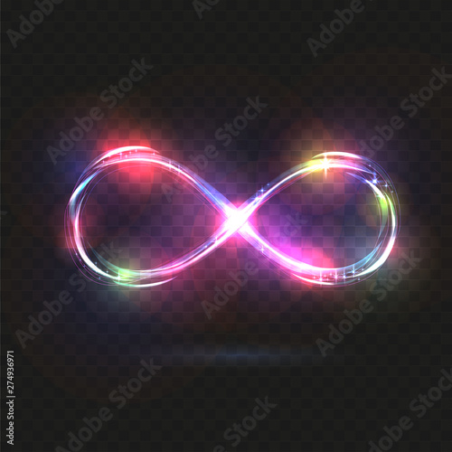 Vector multicolored magic glowing light infinity sign swirl trail on black background. Blue neon glitter fire spark spiral wavy line