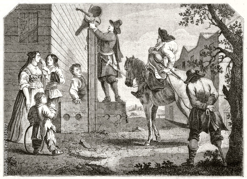 Ancient prisoner conducted to the pillory outddoor. Old illustration of a scene from Hudibras poem (prisoner Crodero conducted to the pillory). By Hogarth, Magasin Pittoresque Paris 1848