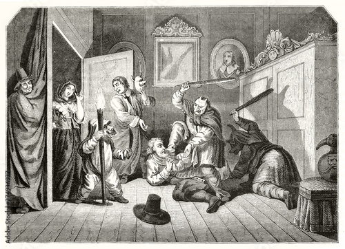 Masked medieval men attacking a helpless one in a shadowy room. Old illustration of a scene from Hudibras poem (nocturnal beating in the castle). By Hogarth Magasin Pittoresque Paris 1848 Hudibras ter
