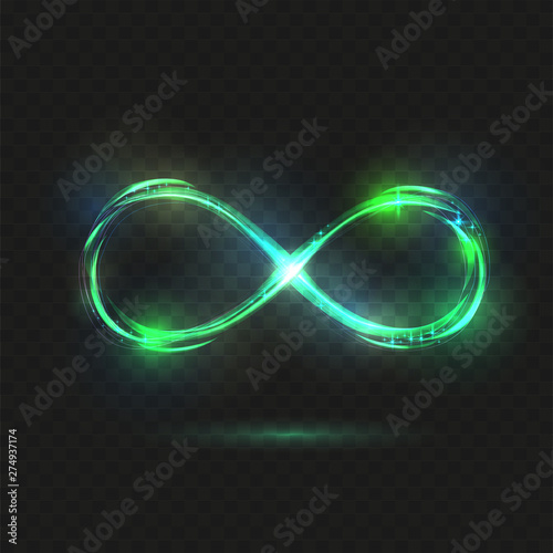 Green sparkle Infinity symbol at dark background. Drawing linear decorative illustration. Logo presentation. Mint neon glitter spark spiral wavy line.