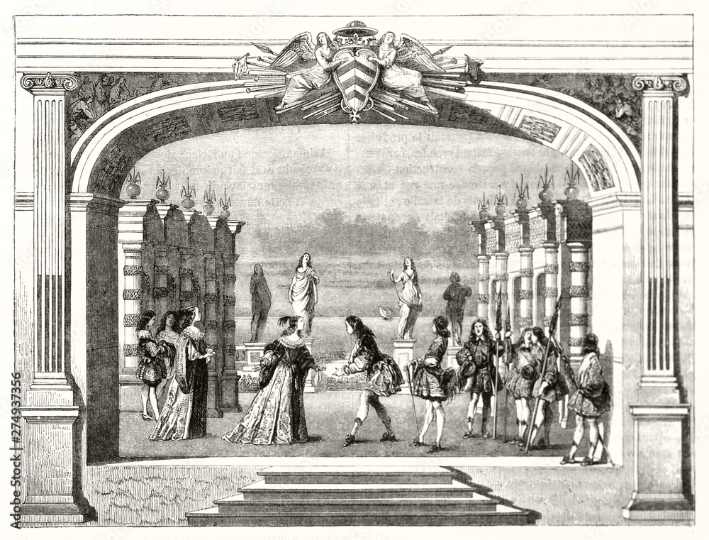 Ancient actors playing on stage the theatrical representation of Mirame  tragedy written by Cardinal Richelieu. Illustration after La Belle publ. on  Magasin Pittoresque Paris 1848 Stock Illustration | Adobe Stock