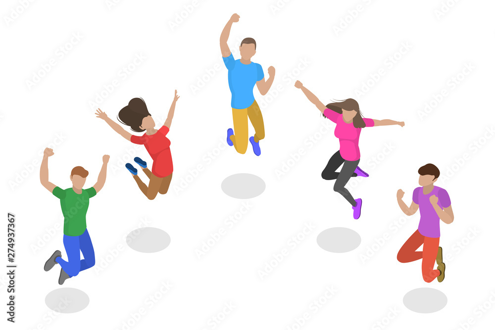 Isometric flat vector concept of jumping happy people, team success, winner company. Isometric flat vector concept of jumping happy people, team success, winner company.