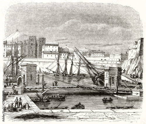 Ancient view of the port of Marseille and the surrounding buildings, France: Abbey of Saint-Victor and dock basin. By unidentified author publ. on Magasin Pittoresque Paris 1848 
