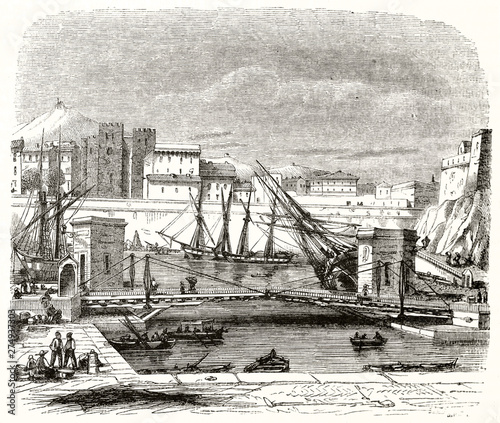 Ancient view of the port of Marseille and the surrounding buildings, France: Abbey of Saint-Victor and dock basin. By unidentified author publ. on Magasin Pittoresque Paris 1848  photo