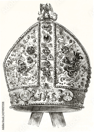 Ancient cardinal mitre, detailed and isolated. Religion element rich of ornaments. Cardina's of Lorraine mitre. By unidentified author publ. on Magasin Pittoresque Paris 1848 photo