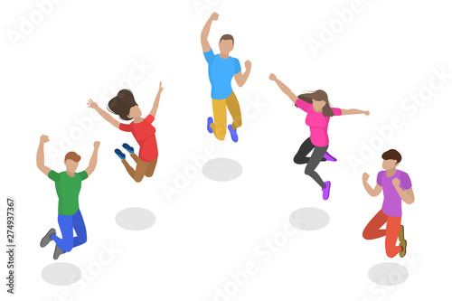 Isometric flat vector concept of jumping happy people, team success, winner company.