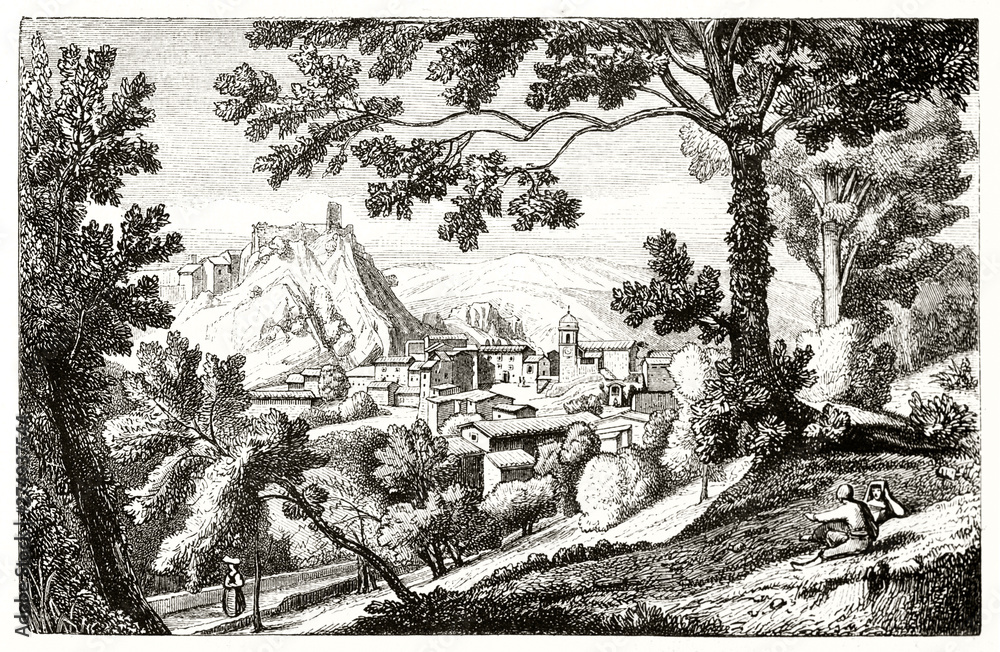 Ancient medieval mountain town inserted in a natural landscape with woods on foreground and hills on background. Old view of Olevano Romano Italy. By D'Aligny publ. on Magasin Pittoresque Paris 1848 