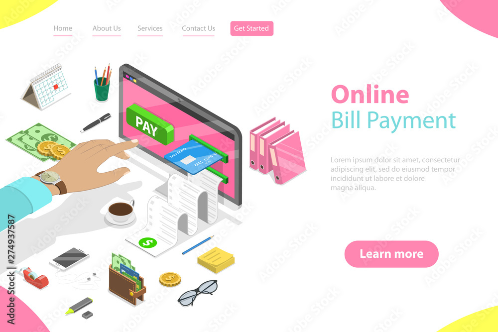 Flat isometric vector landing page template of bill payment, shopping, online banking, accounting, bank transaction. Flat isometric vector landing page template of bill payment, shopping, online banking, accounting, bank transaction.