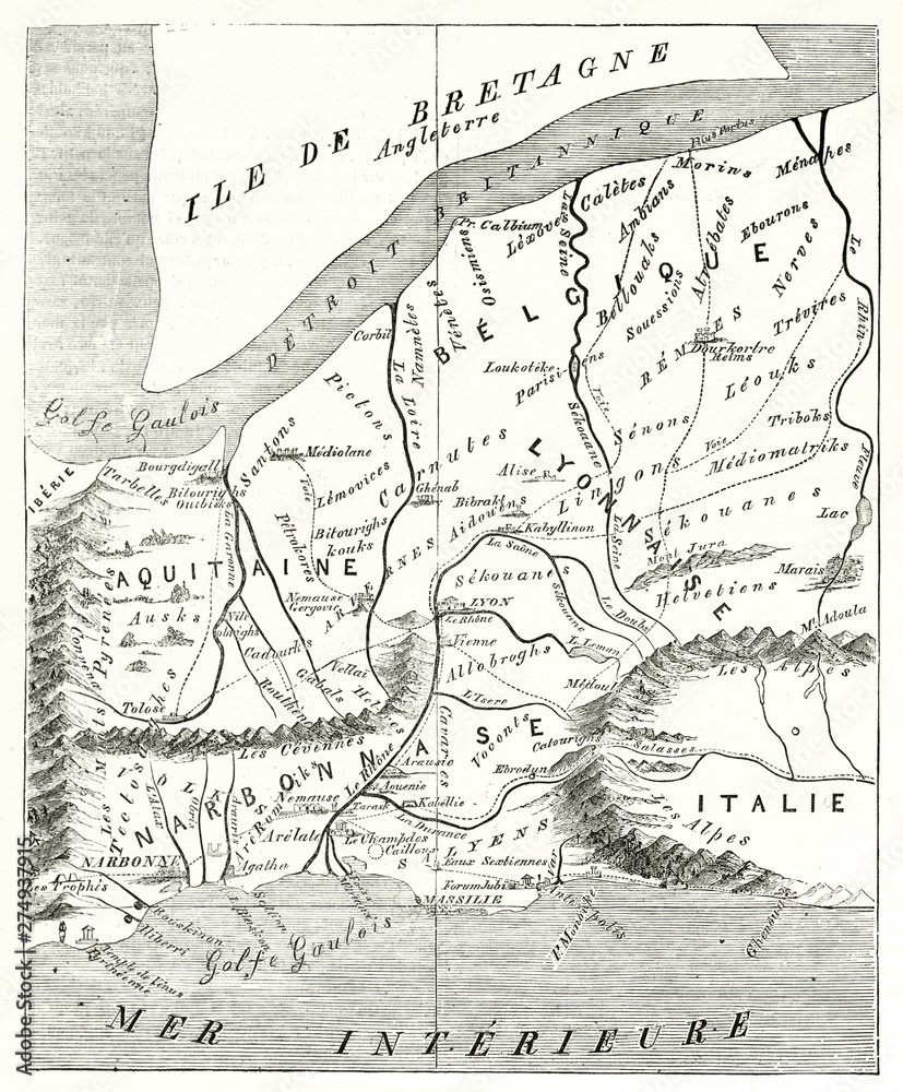 Ancient etching style gray scale map of France in Augustus era. By Mac Carthy after ancient Greek geographer Strabo publ. on Magasin Pittoresque Paris 1848 Ancient etching style gray scale map of France in Augustus era. By Mac Carthy after ancient Greek geographer Strabo publ. on Magasin Pittoresque Paris 1848
