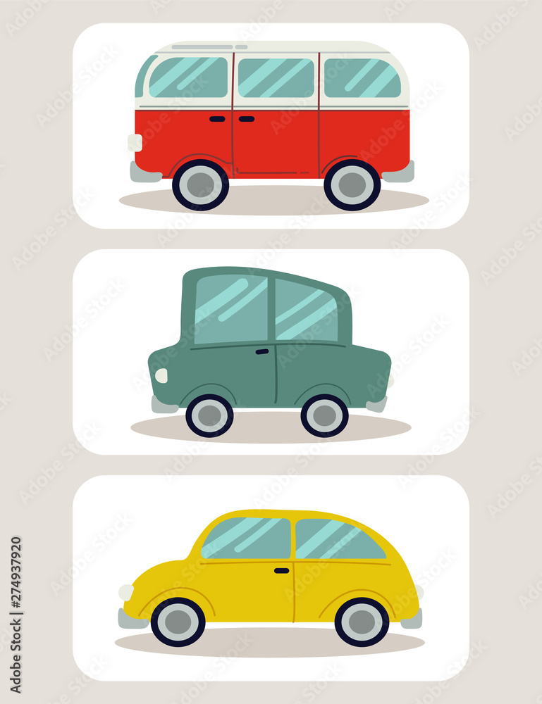 vector cartoon car pack set.Camper van. Summer vacation.retro car.Set of different models of cars. Vector flat style illustration . front view of car set.car flat vector style