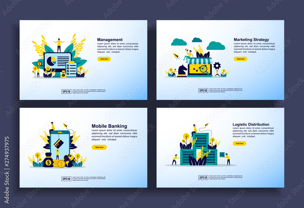 Set of modern flat design templates for Business, management, marketing strategy, mobile banking, logistic distribution. Easy to edit and customize. Modern Vector illustration concepts for business Set of modern flat design templates for Business, management, marketing strategy, mobile banking, logistic distribution. Easy to edit and customize. Modern Vector illustration concepts for business