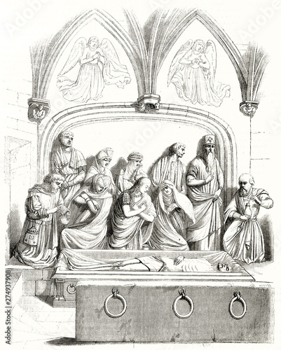 Ancient reproduction of the religious statues in St-Jean-Baptiste sepulcher in the homonym basilica in Chaumont France. By unidentified author publ. on Magasin Pittoresque Paris 1848