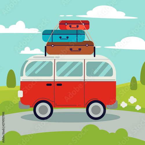 A red van on the road.Above of the red van have many bag for a good trip.A red van go to the trip on the road and have natural background .It's illustation of in flat vector style. © Guppic the duck