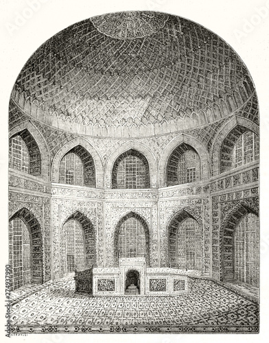 Ancient overall view of Taj Mahal octagonal room Agra India displayed in a etching style illustration arranged in a arched vertical frame. By Catenacci  publ. on Magasin Pittoresque Paris-1848 photo